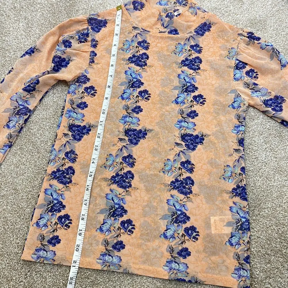 Free People Amber Semi Sheer Floral Print Mock Neck Top Womens Sz XS Boho Retro